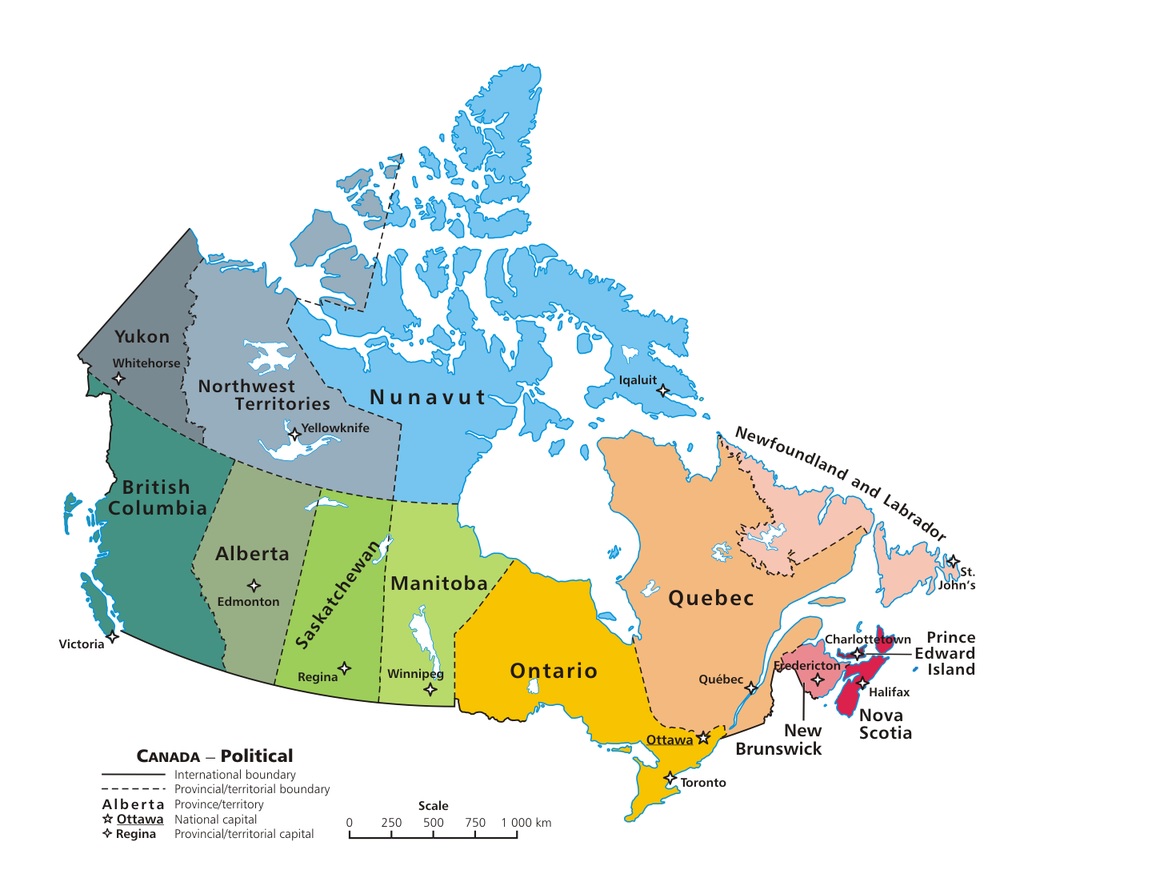 Kanadan 10 miljoonaa neliökilometriä jakaantuu kymmeneen provinssiin ja kolmeen territorioon.