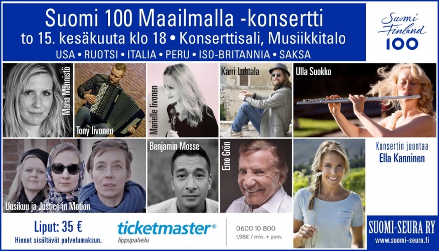 Suomi 100 Maailmalla -konsertti kesäkuussa Musiikkitalossa tuo lavalle suomalaiset musiikkitaiturit maailmalta.